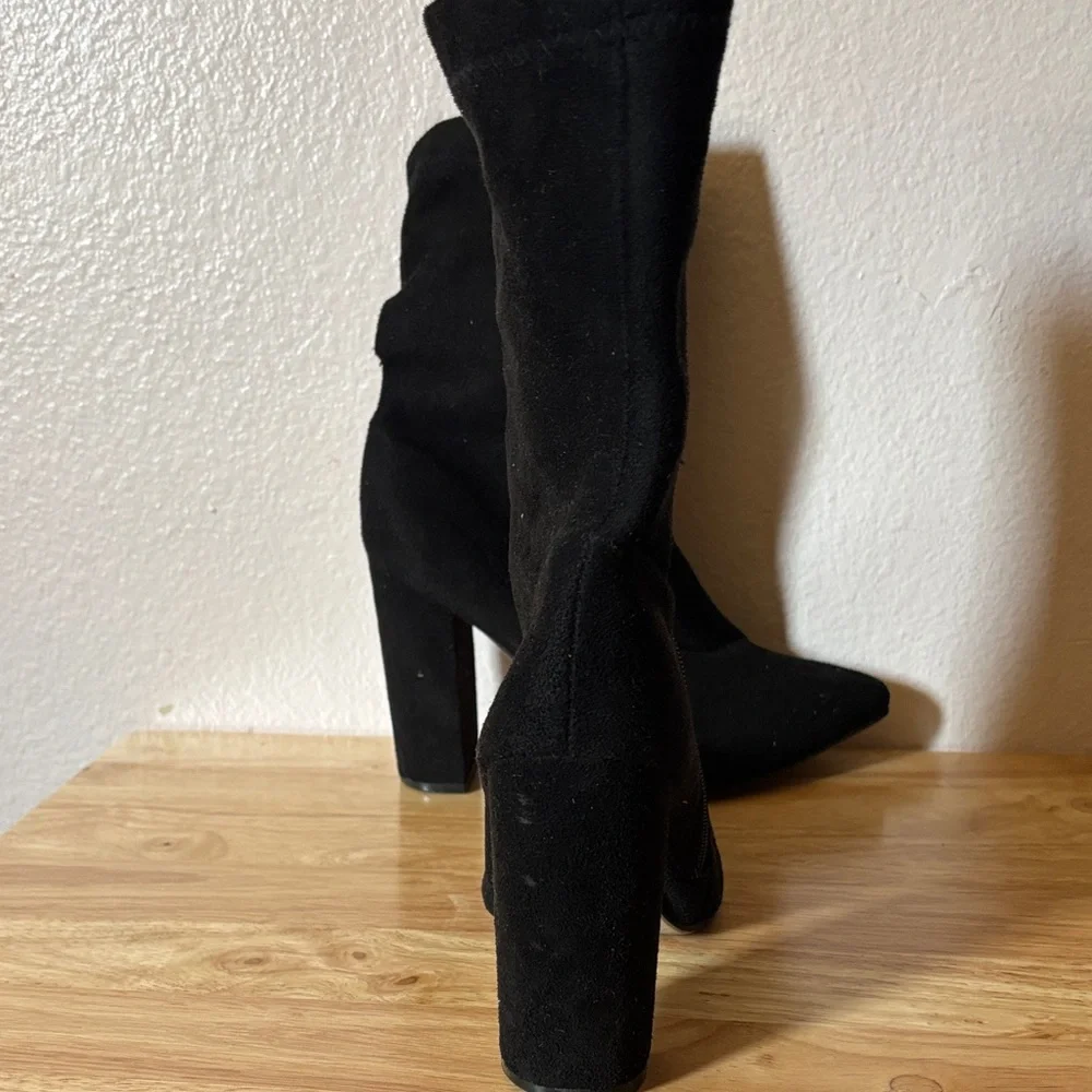 Women's Black Suede Pointed Toe Block Heel Ankle Boots Zip Up